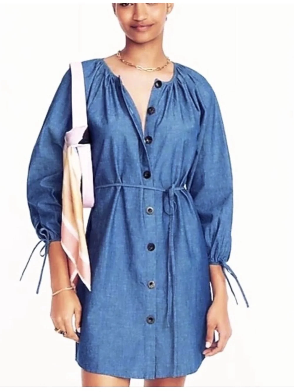 J. Crew Chambray Button-Front Long Sleeve Dress in Blue